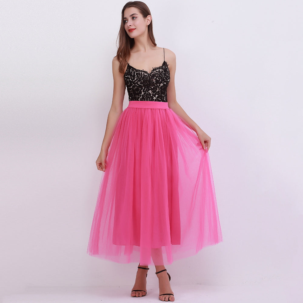 Women 4 Layers 100 Mesh Half-Length Long Skirt Tulle Skirt Gauze Skirt