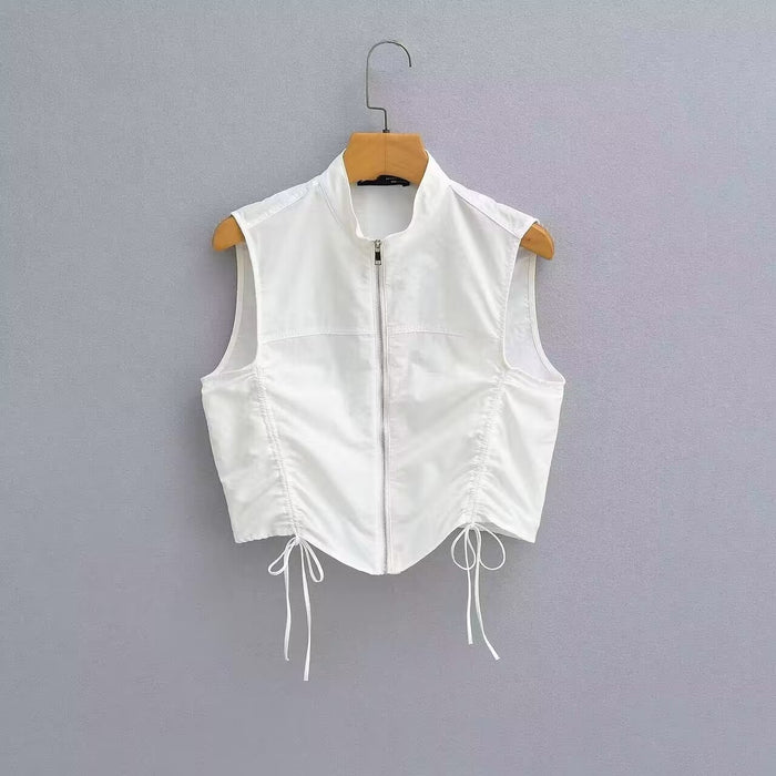 Spring Women Pleated Decorative Vest Pleated White Vest Casual Trousers