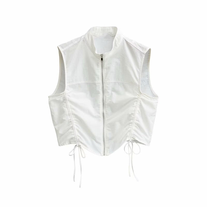 Spring Women Pleated Decorative Vest Pleated White Vest Casual Trousers