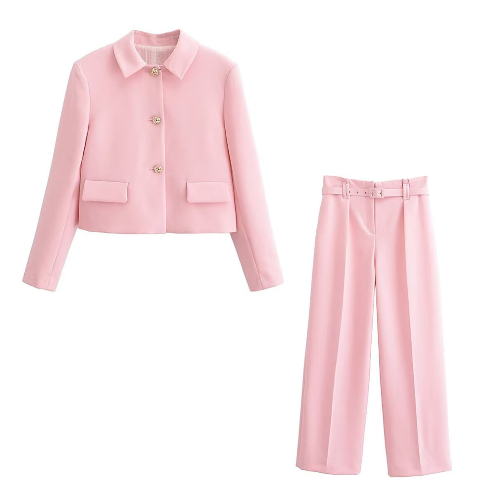 Spring Socialite Single-Breasted Short Suit with Belt Wide Leg Pants