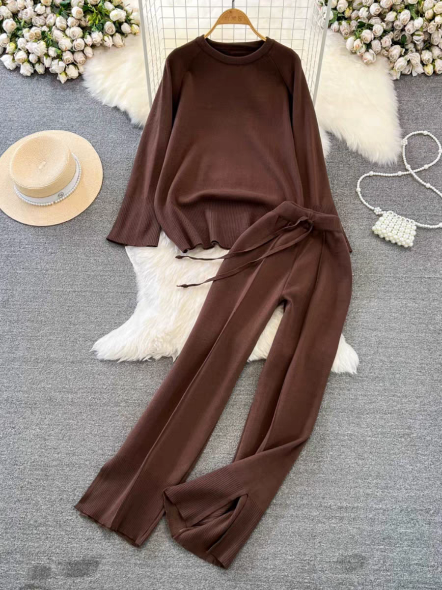 Women Spring Autumn Korean Style Long Sleeved Round Neck Loose Knitted Sweater Two Piece Set High Waist Straight Wide Leg Pants
