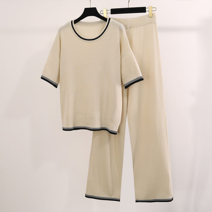 Round Neck Short Sleeved Knitted Sweater High Waist Slimming Draped Trousers Pit Knitted Two Piece Set