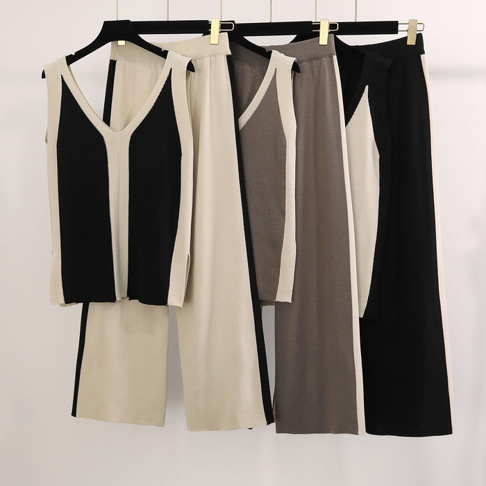 V Neck Vest Knitted Split Top Colorblock Wide Leg Pants Knitted Two Piece Set