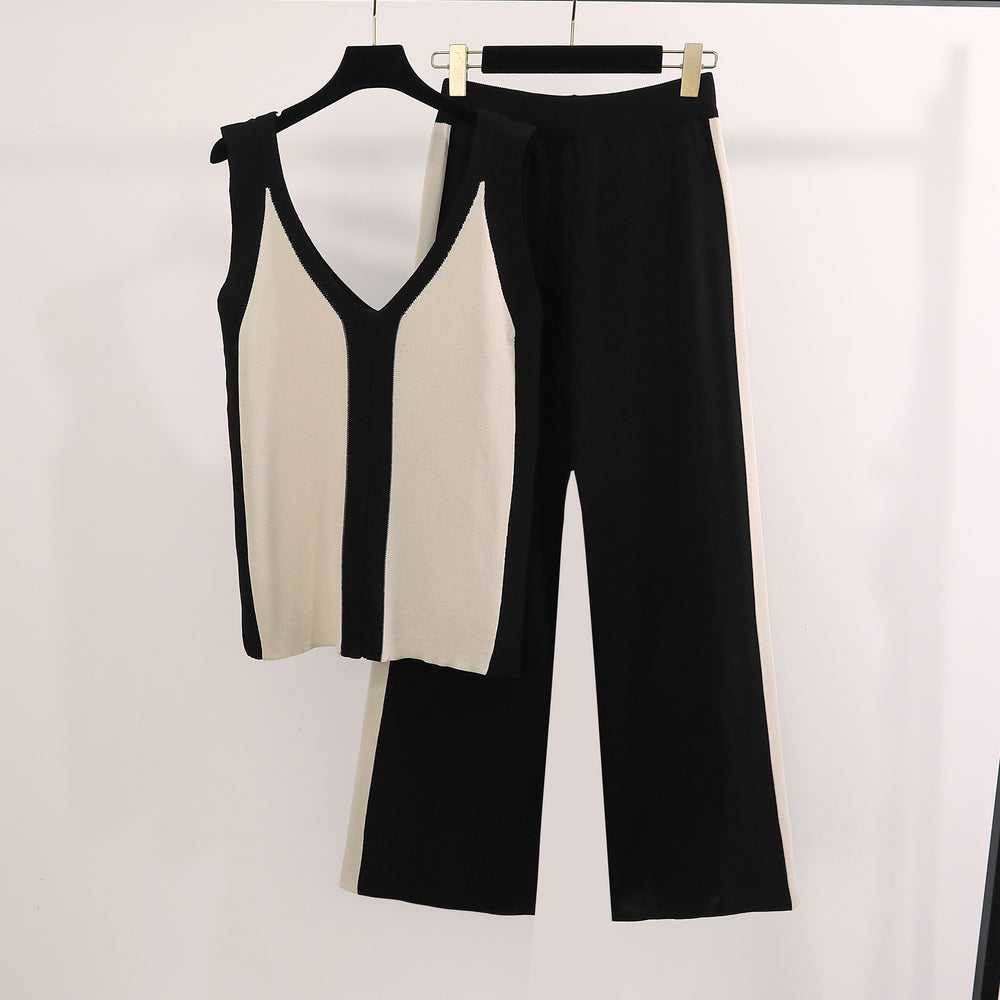 V Neck Vest Knitted Split Top Colorblock Wide Leg Pants Knitted Two Piece Set