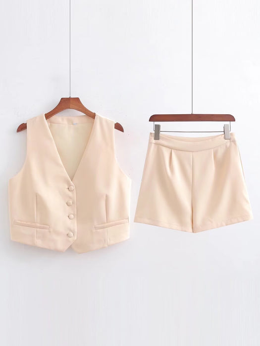 Vintage Women Breasted Short Cardigan Vest Casual Shorts Solid Color Set