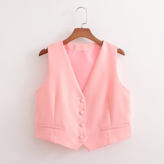 Vintage Women Breasted Short Cardigan Vest Casual Shorts Solid Color Set