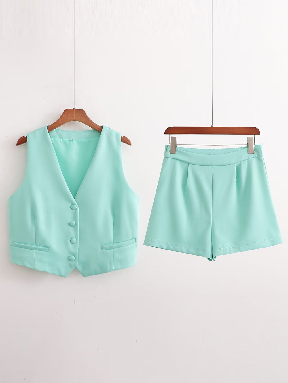 Vintage Women Breasted Short Cardigan Vest Casual Shorts Solid Color Set