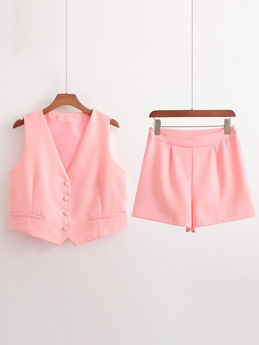 Vintage Women Breasted Short Cardigan Vest Casual Shorts Solid Color Set