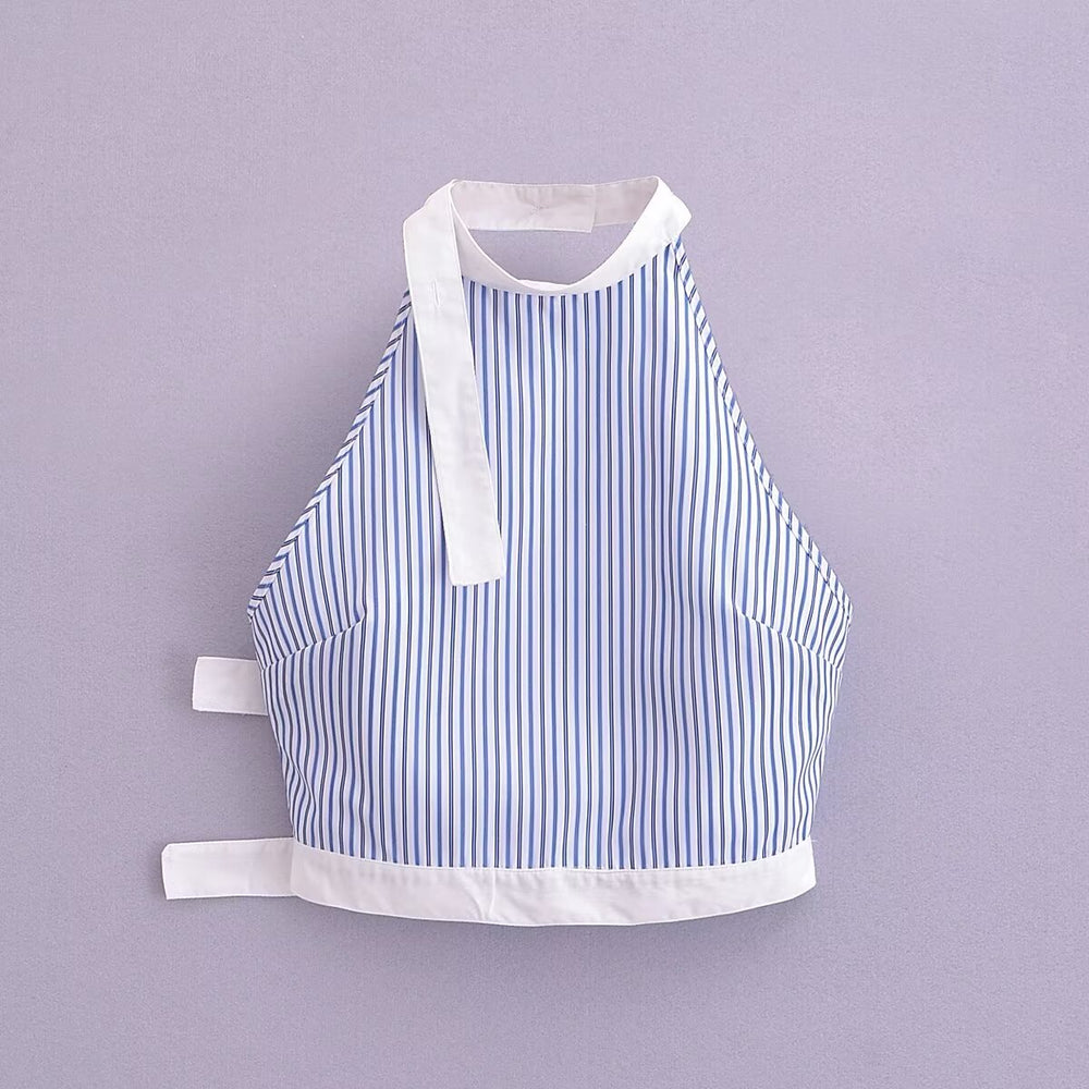 Spring Summer Women Clothing Personalized Striped Poplin Collar Wrapped Chest Top