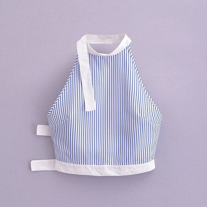 Spring Summer Women Clothing Personalized Striped Poplin Collar Wrapped Chest Top