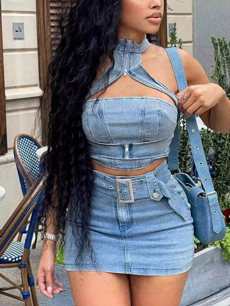 Washed Stretch Denim Halter Zipper Sexy Casual Skirt Set