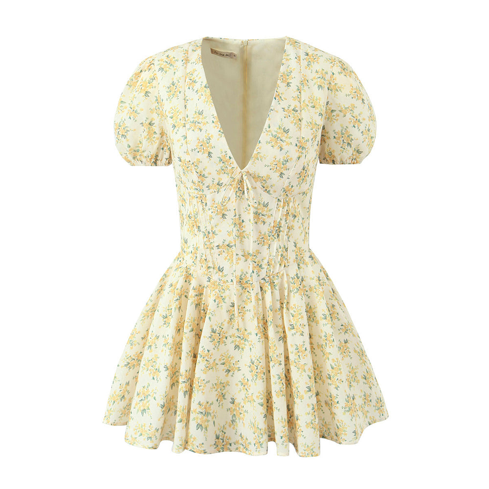 French Sweet Yellow with Dazzle V neck Puff Sleeve Women Dress Summer Waist Slimming A line