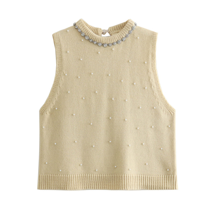 Artificial Pearl Jewelry Inlaid Knitted Top