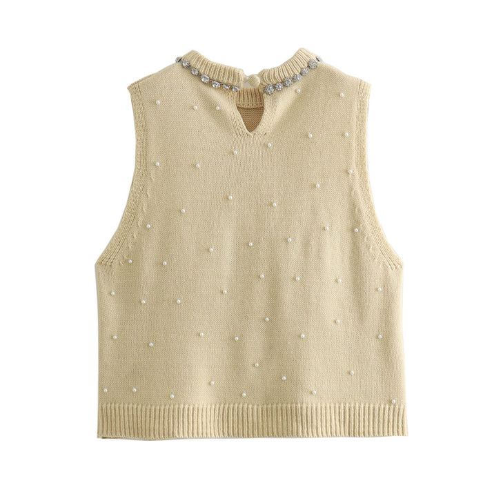 Artificial Pearl Jewelry Inlaid Knitted Top