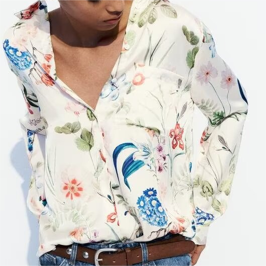 Spring Women Long Sleeved Floral Printed Satin Shirt