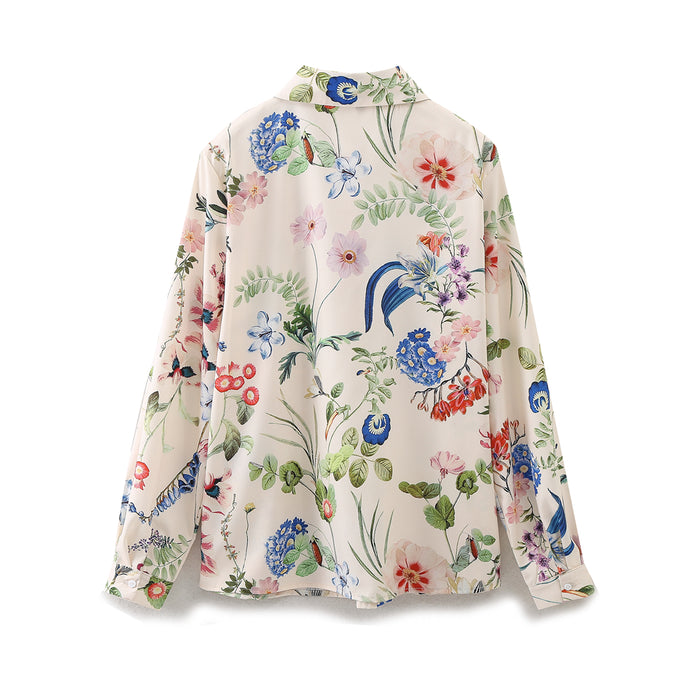 Spring Women Long Sleeved Floral Printed Satin Shirt