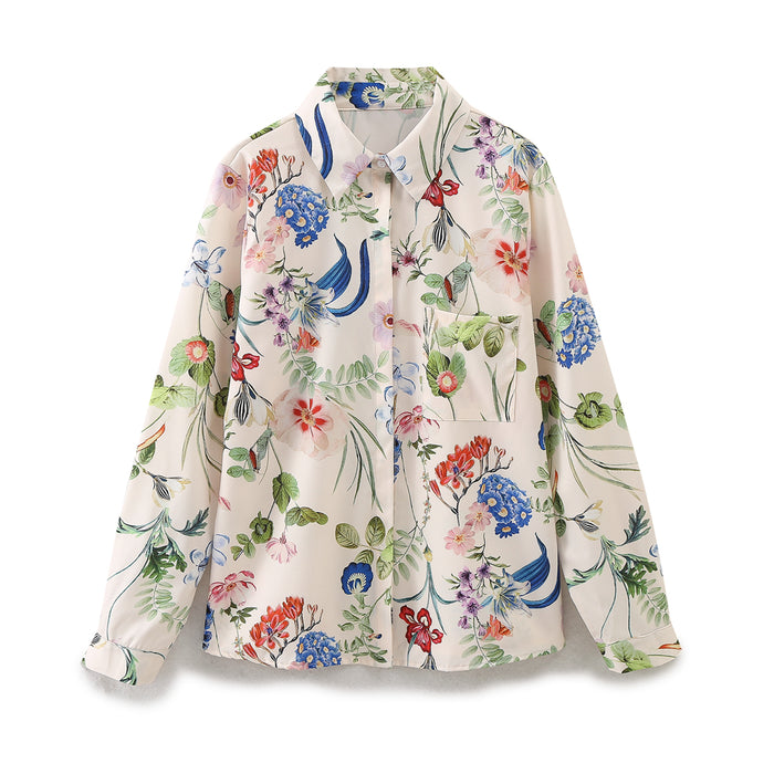 Spring Women Long Sleeved Floral Printed Satin Shirt