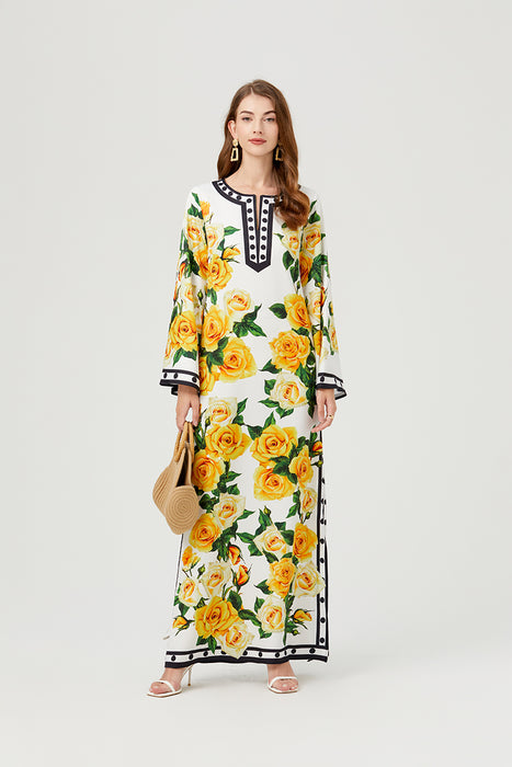 Women Spring Fall Button Floral Elegant A Line Maxi Dress