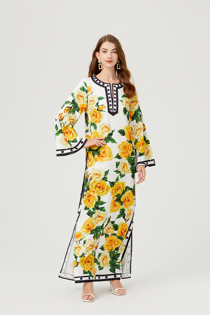 Women Spring Fall Button Floral Elegant A Line Maxi Dress