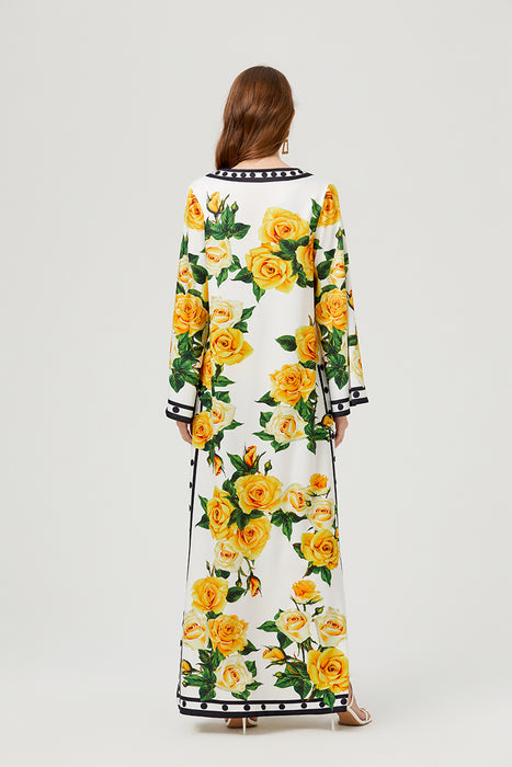 Women Spring Fall Button Floral Elegant A Line Maxi Dress