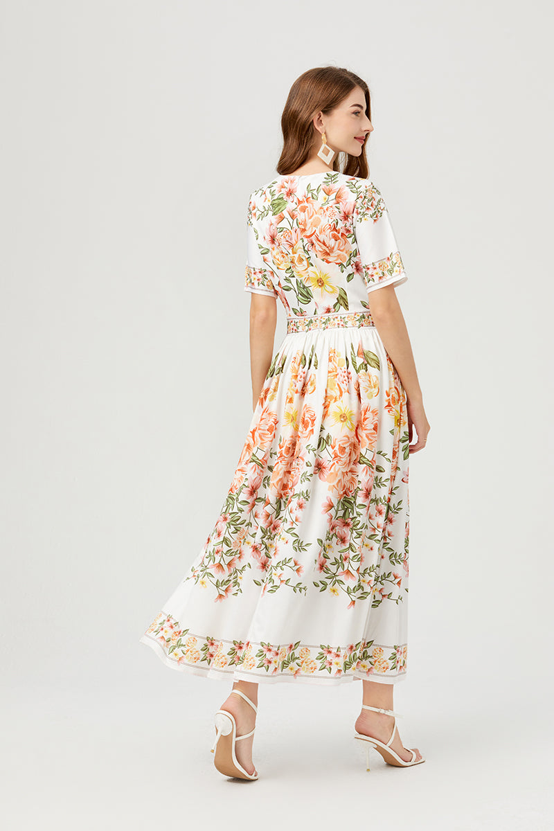 Women Summer Floral Short Sleeve A Line Elegant Dress