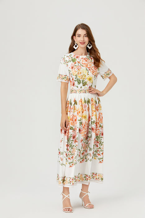 Women Summer Floral Short Sleeve A Line Elegant Dress