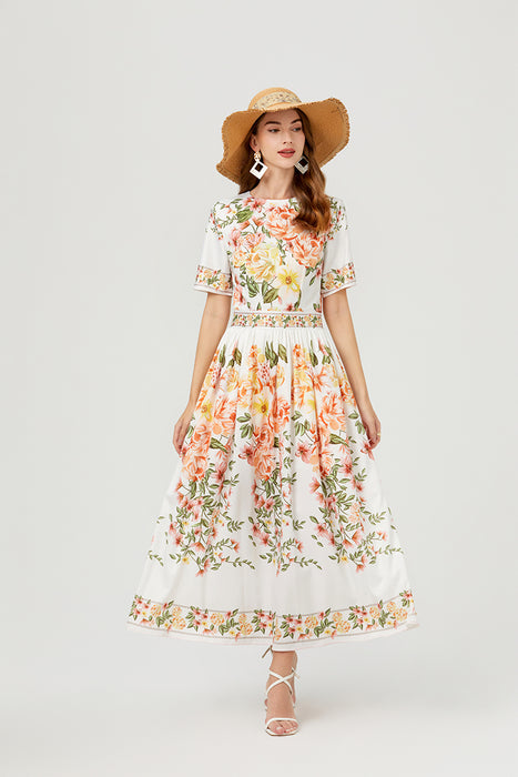 Women Summer Floral Short Sleeve A Line Elegant Dress