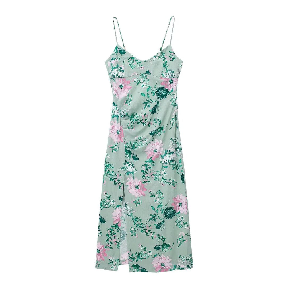 Women Clothing Summer Linen Blended Floral Midi Dress
