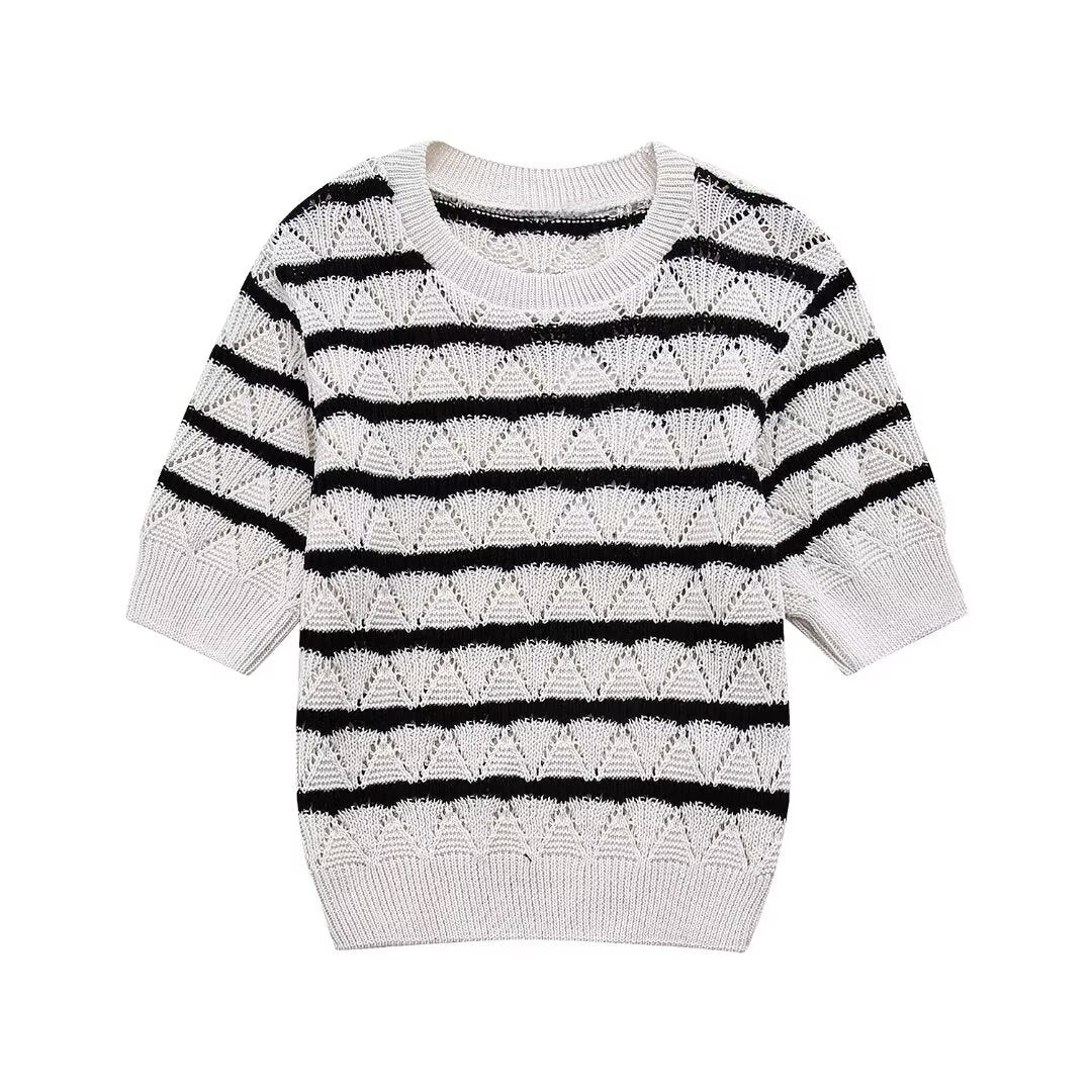 Women Striped Knitted Top Knitted Shorts Suit