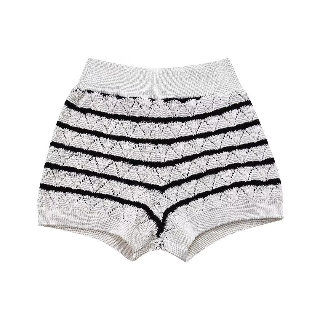 Women Striped Knitted Top Knitted Shorts Suit