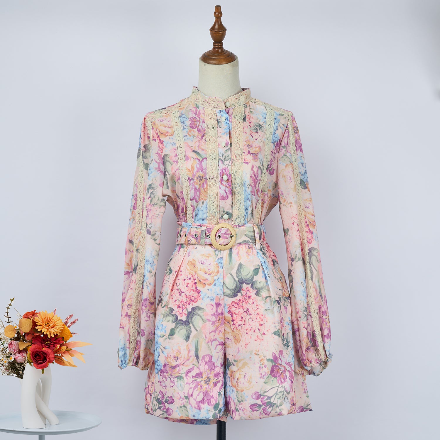 Women Spring And Autumn Print Two Piece Single Breasted Shirt Shorts With Belt Short Sets
