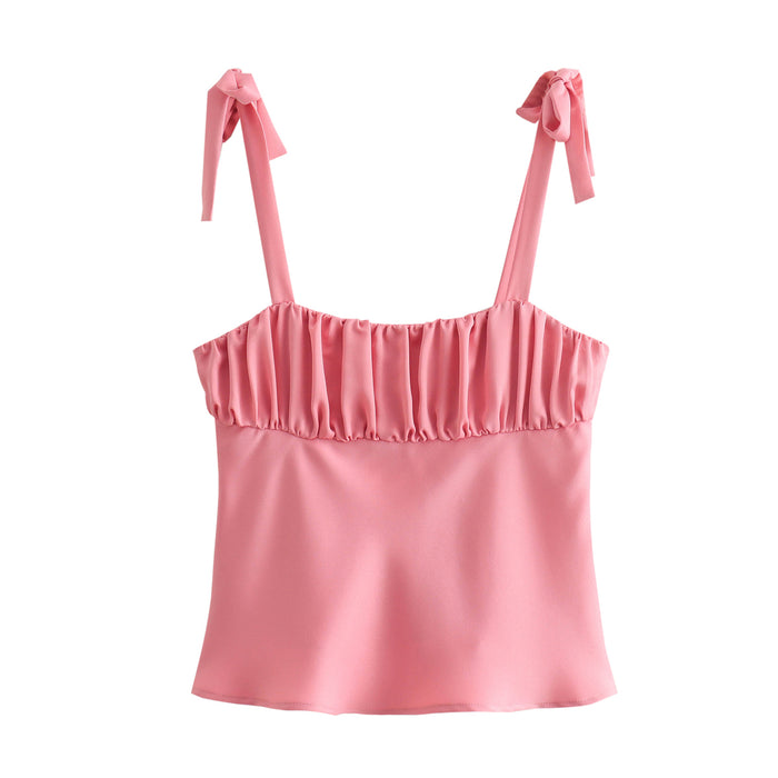 Women Clothing Summer Bowknot Decoration Pleated Tube Top Silk Satin Texture Strap Top