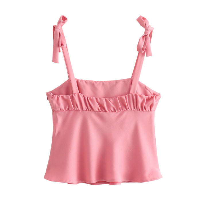 Women Clothing Summer Bowknot Decoration Pleated Tube Top Silk Satin Texture Strap Top