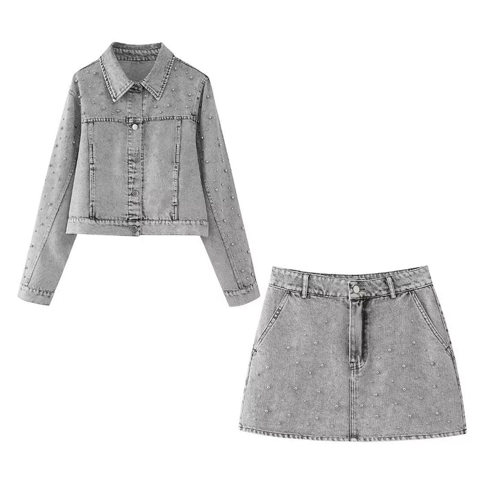 Spring Artificial Decorated Pearls Denim Jacket Coat Mini Skirt Denim Suit Women