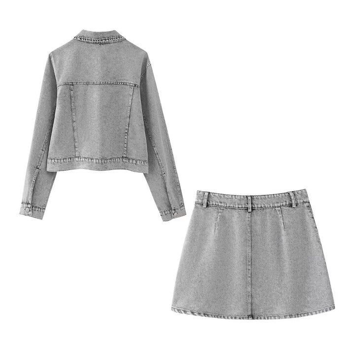 Spring Artificial Decorated Pearls Denim Jacket Coat Mini Skirt Denim Suit Women