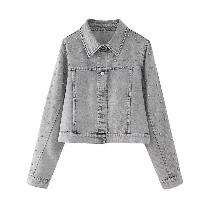 Spring Artificial Decorated Pearls Denim Jacket Coat Mini Skirt Denim Suit Women