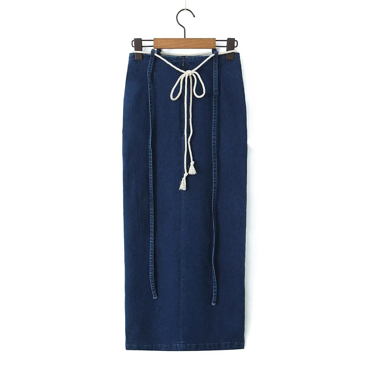 Skirt Women Spring Split Long Denim Skirt Retro Washed Color Distressed Trendy Ribbon A line Skirt