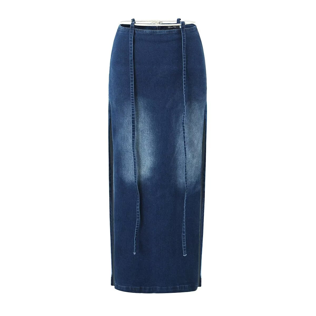 Skirt Women Spring Split Long Denim Skirt Retro Washed Color Distressed Trendy Ribbon A line Skirt