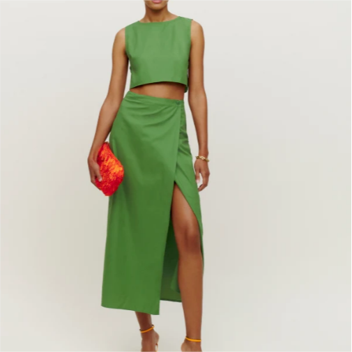 Spring Street Solid Color Cropped Small Top Slim Fit Mid Length Skirt Set