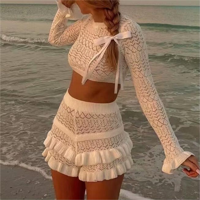 Women Clothing Long Sleeve Short Cropped Top Sexy Shorts Knitting Suit