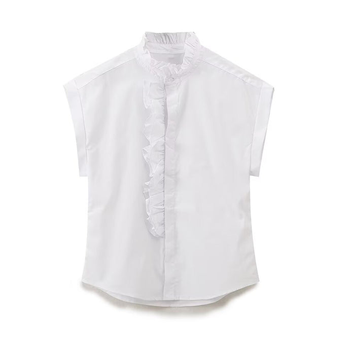 Women Clothing Spring Summer Pleated Cotton Lace Collar Casual Short Sleeve Shirt