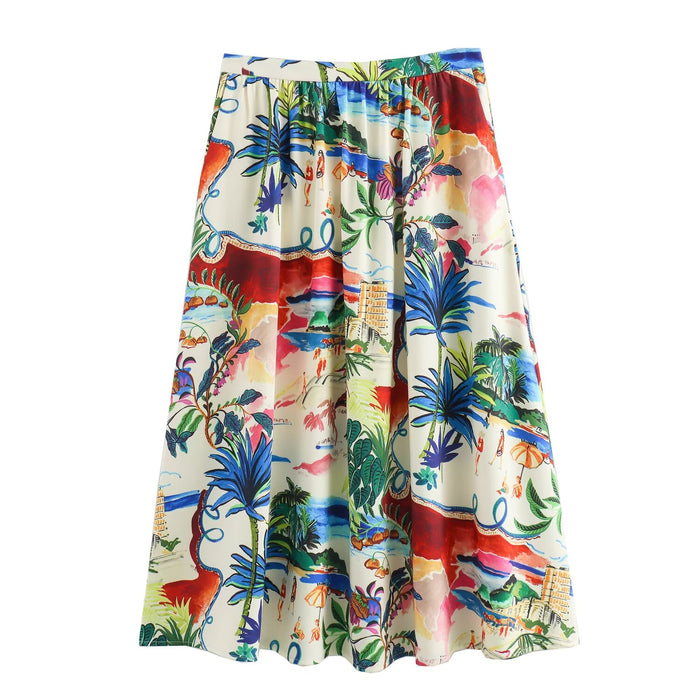 Women Clothing Short Sleeve Printed Shirt Mid Length Skirt Set