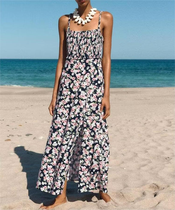 Spring Women Clothing Linen Blended Floral Print Midi Dress