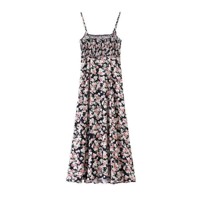 Spring Women Clothing Linen Blended Floral Print Midi Dress