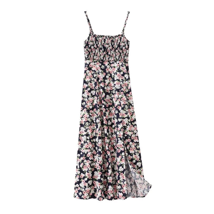 Spring Women Clothing Linen Blended Floral Print Midi Dress