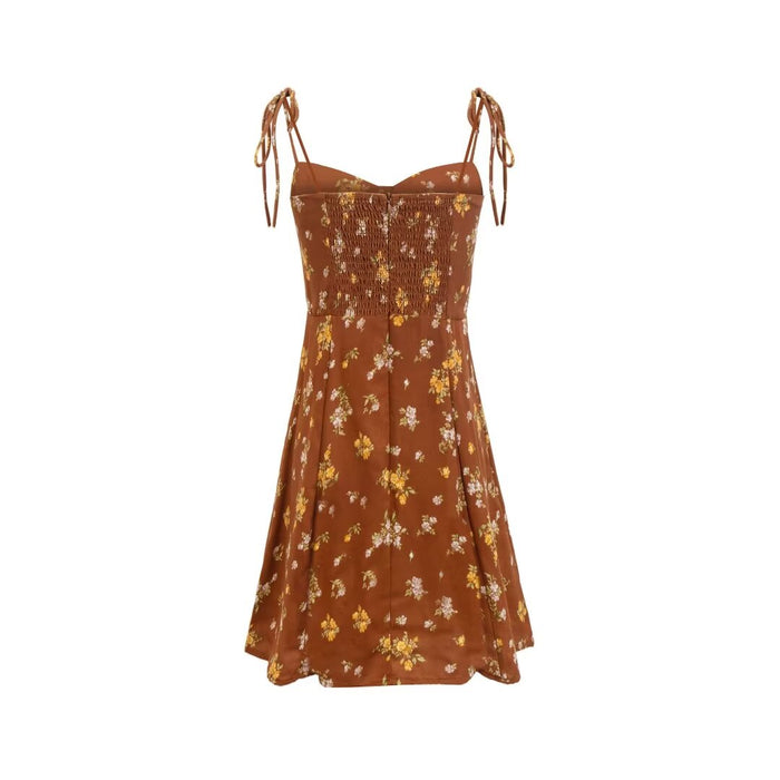 Summer Spaghetti Strap V neck A line Floral Print Elegant Strap Dress