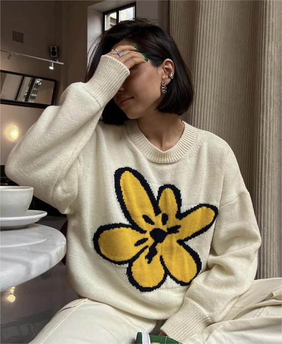 Idle Floral Stitching Contrast Color Sweater Women Loose Knitted Pullover Round Neck Top