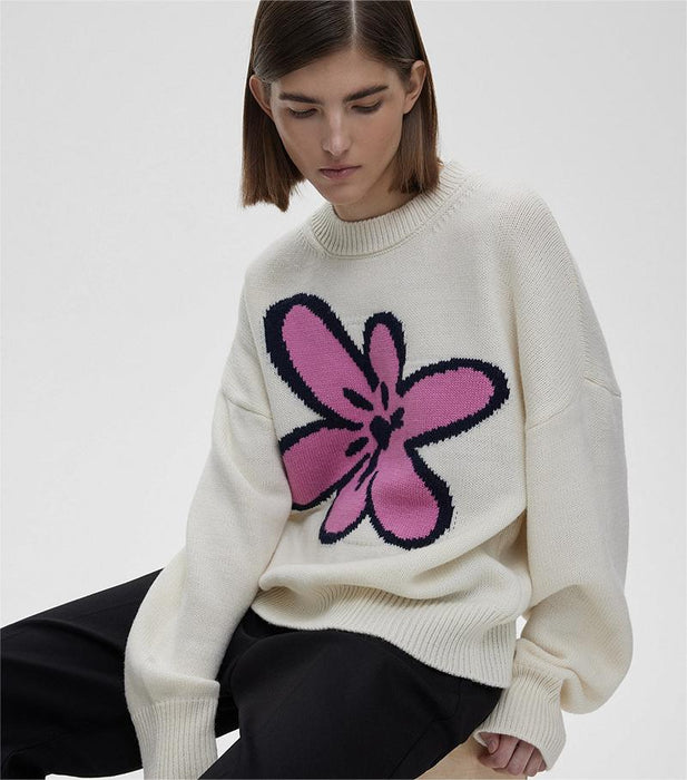 Idle Floral Stitching Contrast Color Sweater Women Loose Knitted Pullover Round Neck Top