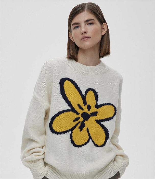 Idle Floral Stitching Contrast Color Sweater Women Loose Knitted Pullover Round Neck Top