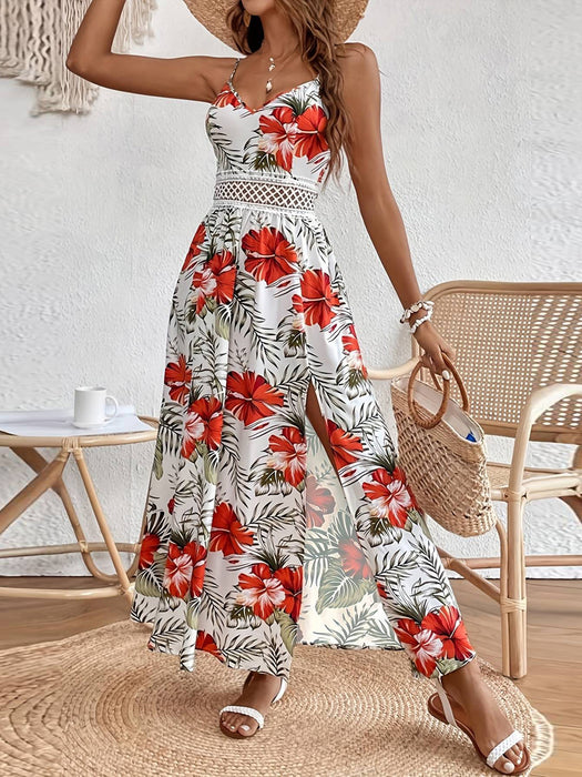 Women Bohemian Chiffon Printed Lace Suspender Summer Burst Length Dress